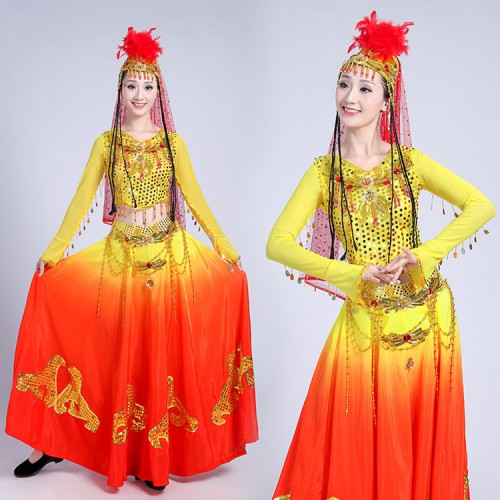 Women's chinese folk dance costumes for female red and yellow  ancient xinjiang dance belly dance photos anime cosplay performance dresses costumes 